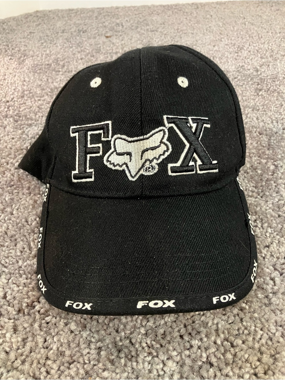 Vtg FOX Racing Hat Black White Embroidered Logo Motocross Adjustable Cap Hat